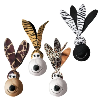 Kleurvolle pluche hondenspeeltjes met dierenprintoren en glimlachende gezichten, beschikbaar in giraffe-, luipaard- en tijgerontwerpen.