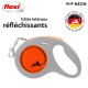 Laisse rétractable pour chien Flexi en gris et orange néon, avec des côtés réfléchissants, portant les inscriptions 'MADE IN GERMANY' et 'NEW NEON'.