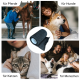 Collage der Tierpflege: Frau, die ein Pferd pflegt, Shiba Inu, getigerte Katze, Familie mit Hund und eine Rolle schwarzes Tierband mit Etiketten.