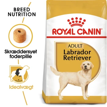 Royal Canin Labrador Retriever Adult Hundefutterbeutel, mit einem gelben Hintergrund, rassespezifischer Kibble-Illustration und Text auf Dänisch.