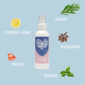 Eine Sprühflasche mit der Aufschrift 'Z-SPRAY', umgeben von Illustrationen von Zitrone, Teebaumöl, Nelkenblütenöl, Basilikumöl und Vitamin B1.