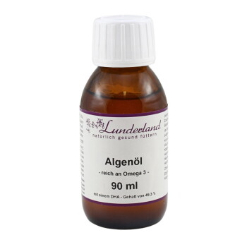 Braune Flasche Lunderland Algenöl mit weißem Verschluss; Etikett zeigt „reich an Omega 3“ und „90 ml“