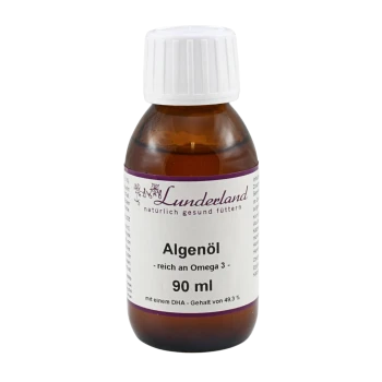 Braune Flasche Lunderland Algenöl mit weißem Verschluss; Etikett zeigt „reich an Omega 3“ und „90 ml“