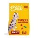 Yellow Edgard Cooper cat food bag (2kg) with cartoon cat, labeled "Turkey and Chicken," "Adult," and "Junk Free."