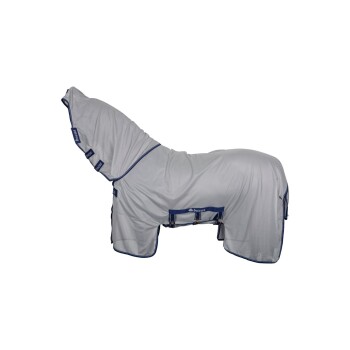 Eine graue Pferdedecke mit Kapuze, die blaue Akzente und Schnallen aufweist, wird auf einem Pferdemodell präsentiert.