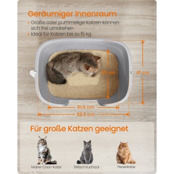 Große Katzentoilette mit einer Katze darin, Abmessungen beschriftet: 51,5 cm x 58,5 cm x 41 cm, geeignet für Katzen bis zu 15 kg.