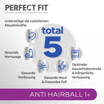 Bild von "Perfect Fit" Tiernahrung, "Anti Haarball 1+", das 5 Gesundheitsvorteile zeigt: Abwehrkräfte, Harnwege, Verdauung, Haut & Fell, Gewichtskontrolle.