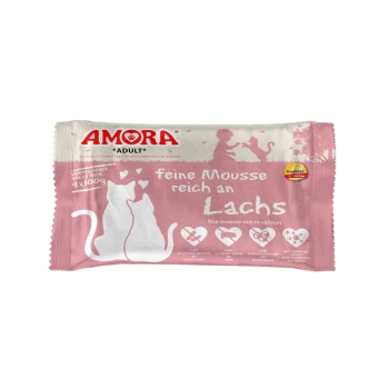 Rosa AMORA Katzenfutterpackung für Erwachsene mit der Aufschrift 'feine Mousse reich an Lachs', weißen Katzensilhouetten und Icons.