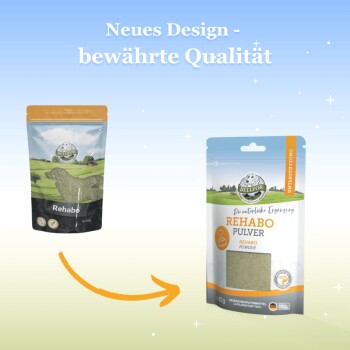 Bild von zwei Bellfor Rehabo-Pulverpaketen, die einen Designübergangs-Pfeil und Text über das neue Design für ein natürliches Haustier-Nahrungsergänzungsmittel zeigen.