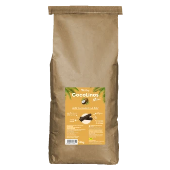 Braune 10-kg-Kraftpapiertüte mit der Aufschrift 'CocoLinos Mini', Kokos-Tierleckerlis, vegan; das Etikett zeigt 'Für Hunde & Pferde'.