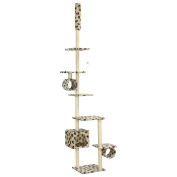 Ein hoher Katzenbaum mit mehreren Plattformen, Kratzpfosten und Tunneln, in beige mit schwarzen Pfotenabdruckmustern.