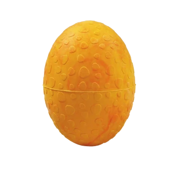Orangefarbenes, eiförmiges Gummispielzeug für Haustiere mit erhabenem Punktmuster und Mittelnaht
