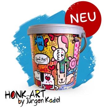 Bunter Haustierfuttereimer mit verspielten Cartoon-Tieren und Designs, mit dem Aufdruck "NEU" in Rot, mit dem Text "Honk-Art von Jürgen Kadel".