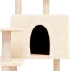 Katzenbaum mit einem weichen beigen Äußeren, mit einem gemütlichen Versteck mit einem dunklen Eingang und Kratzpfosten.