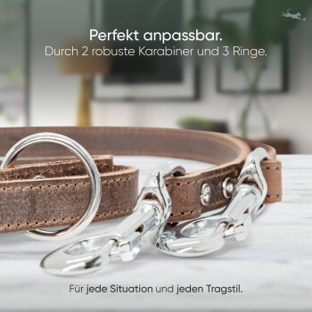 Nahaufnahme einer braunen verstellbaren Haustierleine mit zwei Metallclips, drei Ringen und dem Text: "Perfekt anpassbar für jede Situation."