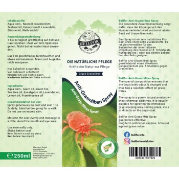 Etikett für Bellfor Anti-Grasmilben-Spray, mit einer Nahaufnahme einer Grasmilbe, Zutaten auf Deutsch und Englisch und Anwendungshinweisen.