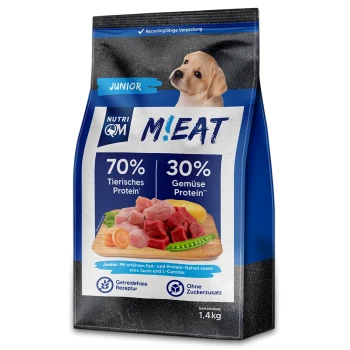 Hundefutterverpackung mit "NUTRI QM M!EAT" mit 70 % tierischem Protein und 30 % pflanzlichem Protein. Nettogewicht 1,4 kg.