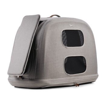 Grau tragbare Haustiertrage mit Netzfenstern und einer Seitentasche, entworfen für Komfort und Belüftung.