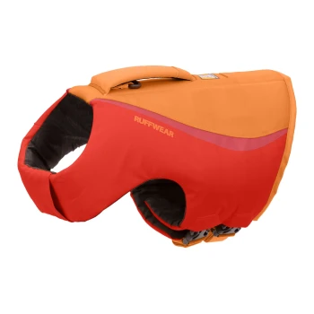 Ruffwear Hundeschwimmweste in Rot und Orange, mit einem Griff oben für einfaches Anheben und einer sicheren Passform für die Sicherheit im Wasser.