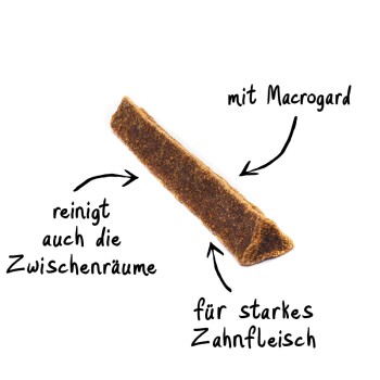Hundezahn-Kau-Stick mit Textanmerkungen: 'reinigt auch die Zwischenräume' und 'für starkes Zahnfleisch', mit Macroguard.