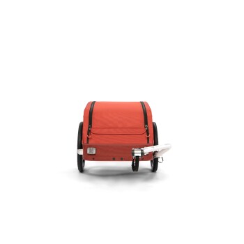 Roter Haustierträger mit zwei Rädern und einem weißen Griff, mit Reißverschlüssen und einer Seitentasche, entworfen für einfachen Transport.