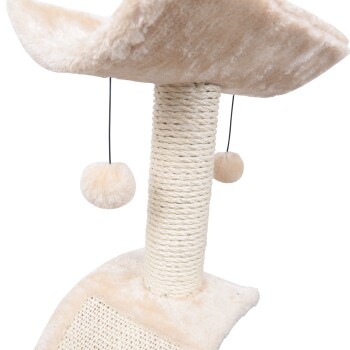 Katzenbaum mit einer weichen, plüschigen Oberseite, einem mit Sisal umwickelten Kratzbaum und zwei hängenden Pompons zum Spielen.