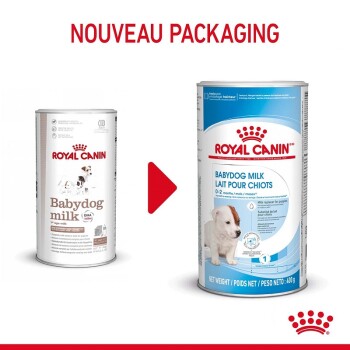 L'image montre deux boîtes de lait Royal Canin Babydog, mettant en avant le nouvel emballage. Le texte indique "NOUVEAU PACKAGING."