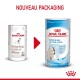 L'image montre deux boîtes de lait Royal Canin Babydog, mettant en avant le nouvel emballage. Le texte indique "NOUVEAU PACKAGING."