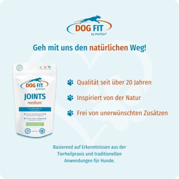 Dog FIT JOINTS Medium-Nahrungsergänzungspackung mit Logo und deutschem Text 'Geh mit uns den natürlichen Weg!' sowie Aufzählungspunkten mit Aussagen.