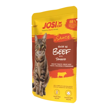 JosiCat Adult Katzenfutterbeutel, reich an Rind mit Tomate in Sauce, 88 % Fleisch, getreidefrei und zuckerfreie Rezeptur.