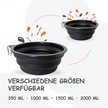 Zusammenklappbare Fressnäpfe für Haustiere in Schwarz, mit einem Karabinerclip, mit dem Text "Verschiedene Größen Verfügbar" und Größen: 350 ML, 1000 ML, 1500 ML, 2000 ML.