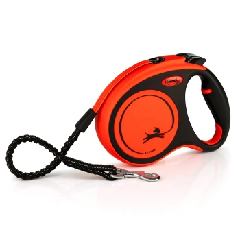 Laisse rétractable pour chien orange vif et noir avec un design circulaire, dotée d'un bouton pour verrouiller et libérer.