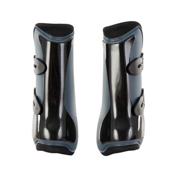 Ein Paar glänzende schwarze und blaue Haustierstiefel mit verstellbaren Riemen, entworfen für Schutz und Komfort.