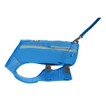 Blaues Haustiergeschirr mit Netzpaneelen, verstellbaren Riemen und einer Reißverschlusstasche, entworfen für Komfort und Sicherheit.