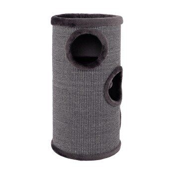 Grauer Katzenbaum mit zwei runden Öffnungen zum Spielen und Ausruhen, mit einem weichen, plüschigen Rand für Komfort.