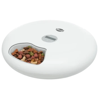 Automatischer Haustierfutterspender mit digitaler Anzeige und einer Schüssel gefüllt mit buntem Futter, markiert mit 'TRIXIE.'