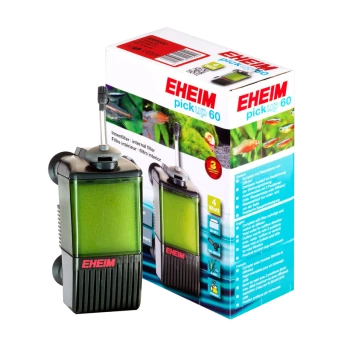 EHEIM Pickup 60 Innenfilter für Aquarien mit grünem Filtermaterial, neben seiner bunten Verpackung mit Fischbildern und Produktdetails präsentiert.