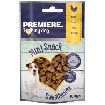 Verpackung für "Premiere I ❤️ my dog" Mini-Snacks, mit herzförmigen Leckereien, gekennzeichnet als Hühnergeschmack, 100g.