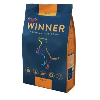 A bag of "Winner" premium dog food featuring a colorful silhouette of a dog, labeled with "Beef" and nutritional icons at the bottom.