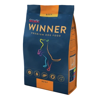 A bag of "Winner" premium dog food featuring a colorful silhouette of a dog, labeled with "Beef" and nutritional icons at the bottom.