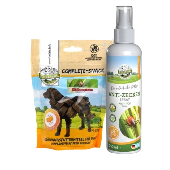 Bellfor Complete Snack für Hunde (180g) und ZEComplete Spray, mit einer Hundesilhouette und natürlichen Zutaten, die Gesundheit und Wohlbefinden fördern.