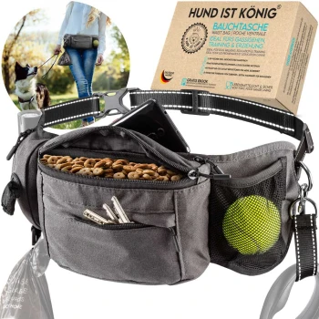 ® Bauchtasche für Leckerlis & Hundezubehör grau Grau Hundewalking-Hüfttasche mit Leckerlis, Schlüssel-Tasche, Tennisball-Netztasche und Abfallbeutelspender. Text: "HUND IST KÖNIG" und "BAUCHTASCHE."