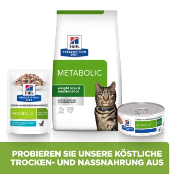 Bild von Hill's Prescription Diet Metabolic Hundefutter: Trockenbeutel, Dose, Beutel und eine Katze. Text: "PROBIEREN SIE UNSER LECKERES TROCKEN- UND NAßFUTTER."
