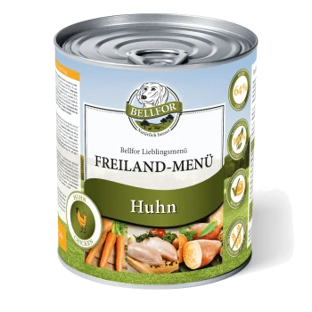 Dosen-Haustierfutter von Bellfor, mit dem Etikett 'Freiland-Menü Huhn', das 64% Huhn enthält, mit Bildern von Huhn, Karotten und Süßkartoffeln.