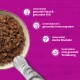 Katzenpfote, die nach einem Napf mit Nassfutter vor magentafarbenem Hintergrund greift; deutscher Text: gesunde Haut & Fell, Immunsystem, kräftige Muskeln, Verdauung.