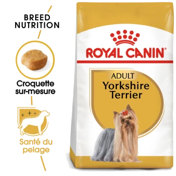 Sac de nourriture pour chien Royal Canin Adult Yorkshire Terrier avec une image de Yorkshire Terrier, avec un texte mettant en avant la nutrition de la race et la santé du pelage.