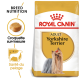 Sac de nourriture pour chien Royal Canin Adult Yorkshire Terrier avec une image de Yorkshire Terrier, avec un texte mettant en avant la nutrition de la race et la santé du pelage.