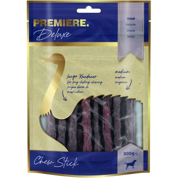 Deluxe Chew Sticks Strauß 200g Premiere Deluxe Kau-Stick-Paket mit mehreren dunklen Kau-Sticks, gekennzeichnet mit 'medium' und 'lange Kaudauer' für langanhaltendes Kauen.