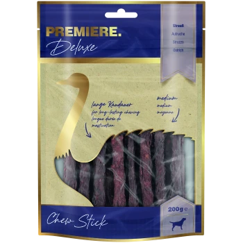 Premiere Deluxe Kau-Stick-Paket mit mehreren dunklen Kau-Sticks, gekennzeichnet mit 'medium' und 'lange Kaudauer' für langanhaltendes Kauen.