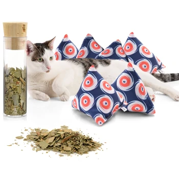 Eine entspannte Katze liegt neben bunten dreieckigen Katzenminze-Spielzeugen und einem Glasbehälter mit getrockneten Kräutern, mit verstreuten losen Kräutern auf dem Boden.